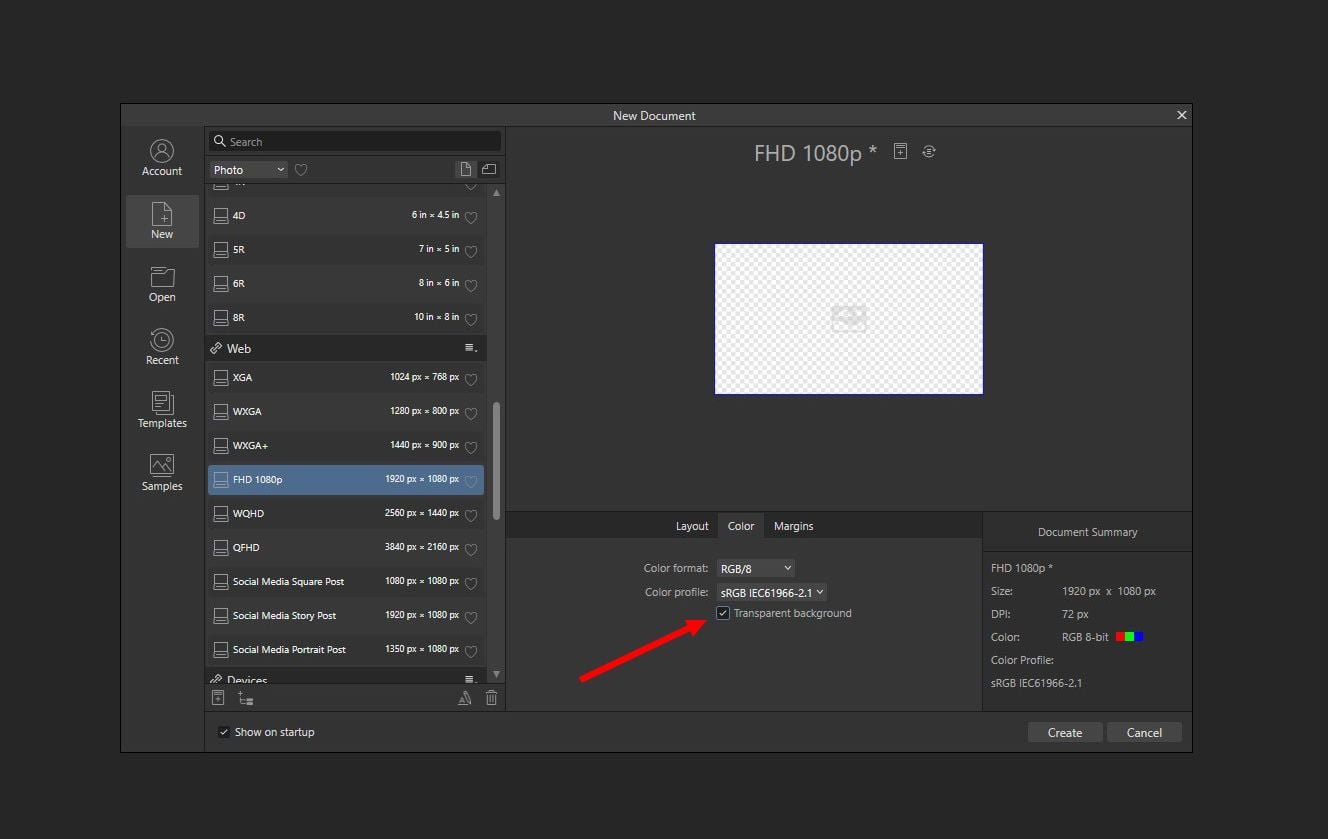 affinity photo make transparent background - new file 2